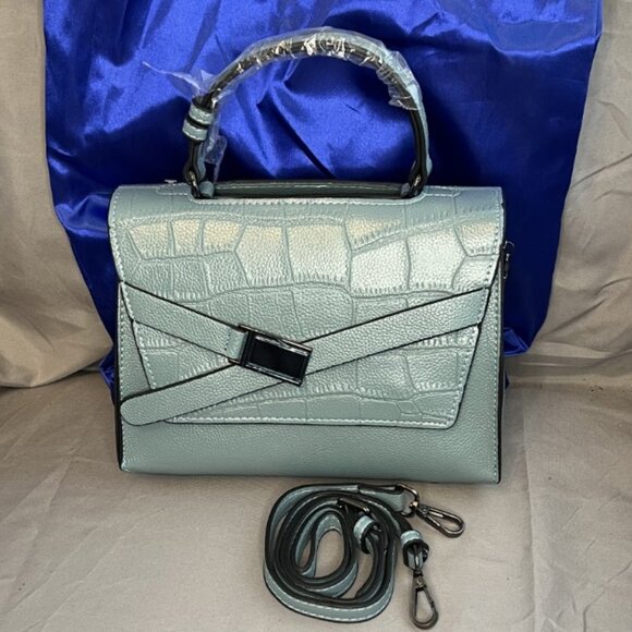 Fog Blue, Leather Satchel Crossbody Bag, Belt Flap Detail, NWOT - Picture 2 of 14